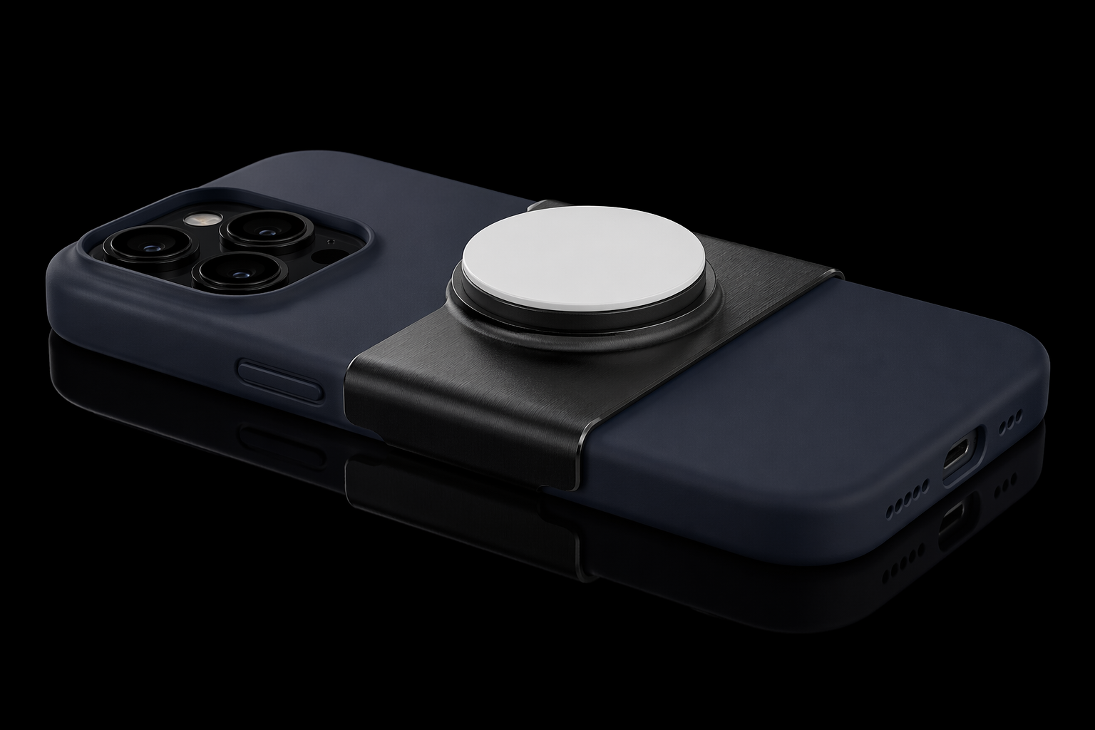 SolidSlide grip base clipped onto an iPhone with Apple silicone case, showing wrap-around arms securing the grip to the phone