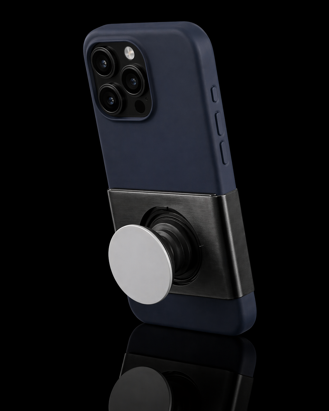 SolidSlide grip base on iPhone shown standing upright with PopSocket top attached